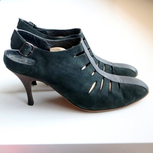 LD Tuttle Dark Green Suede Leather Slingback Heels Pumps Sandals Italian Shoes - Picture 2 of 16